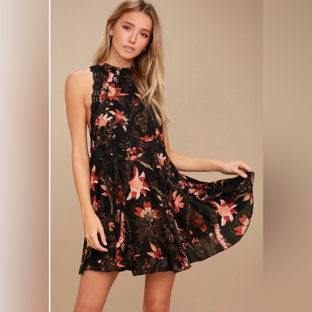 Free People Black and Red Floral Backless Dress